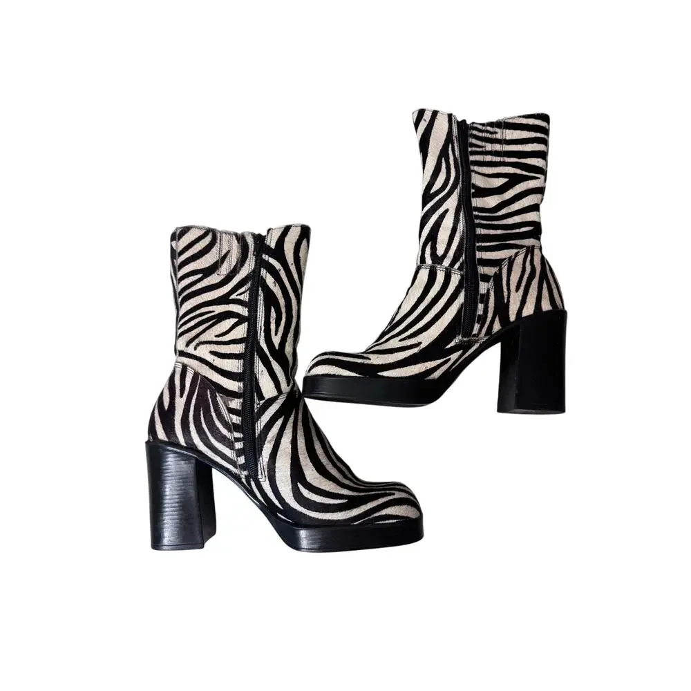 VTG 90s 
Steve Madden Zebra Pony Hair Chunky Heel Boots Size 9 - Picture 8 of 9